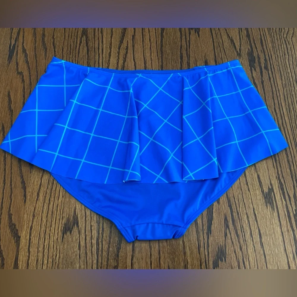 Spanx Flirty Skirted Swim Bottom Electric Blue Geo Bikini 12 NWT